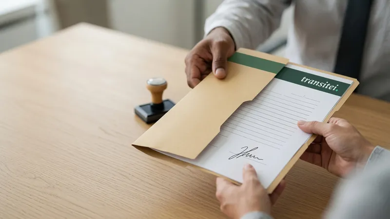 Uma pessoa entregando a outra uma pasta com um documento de timbre verde da Transitei assinado, ao lado de um carimbo sobre a mesa, ilustrando a procuração e as autorizações de acesso no e-CAC.