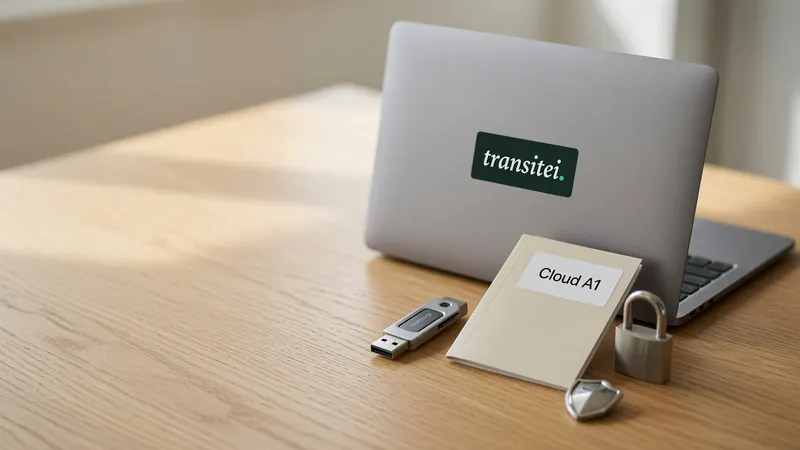 Notebook com adesivo verde da Transitei ao lado de um token USB, um caderno etiquetado Cloud A1 e um cadeado, representando o certificado digital A1 usado para transmitir ao eSocial.