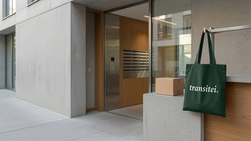 Entrada de um prédio moderno com caixas de correio e interfone, uma caixa de encomenda e uma sacola verde da Transitei pendurada, ilustrando o condomínio como empregador no eSocial.