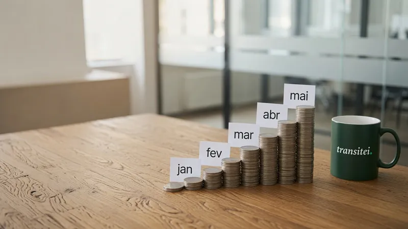 Pilhas de moedas em ordem crescente etiquetadas jan, fev, mar, abr e mai, ao lado de uma caneca verde da Transitei, ilustrando a contribuição do segurado apurada competência a competência.