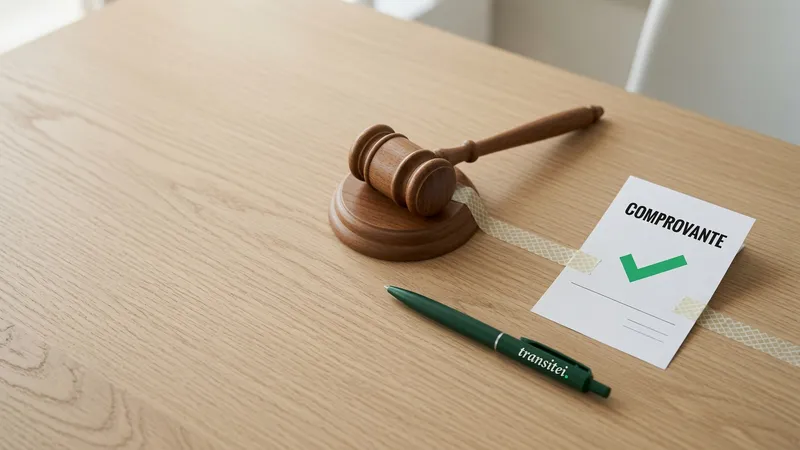 Martelo de juiz sobre uma mesa de madeira ao lado de um comprovante com um selo verde de aprovado e uma caneta da Transitei, representando o caminho do processo trabalhista do trânsito em julgado ao recibo no eSocial.