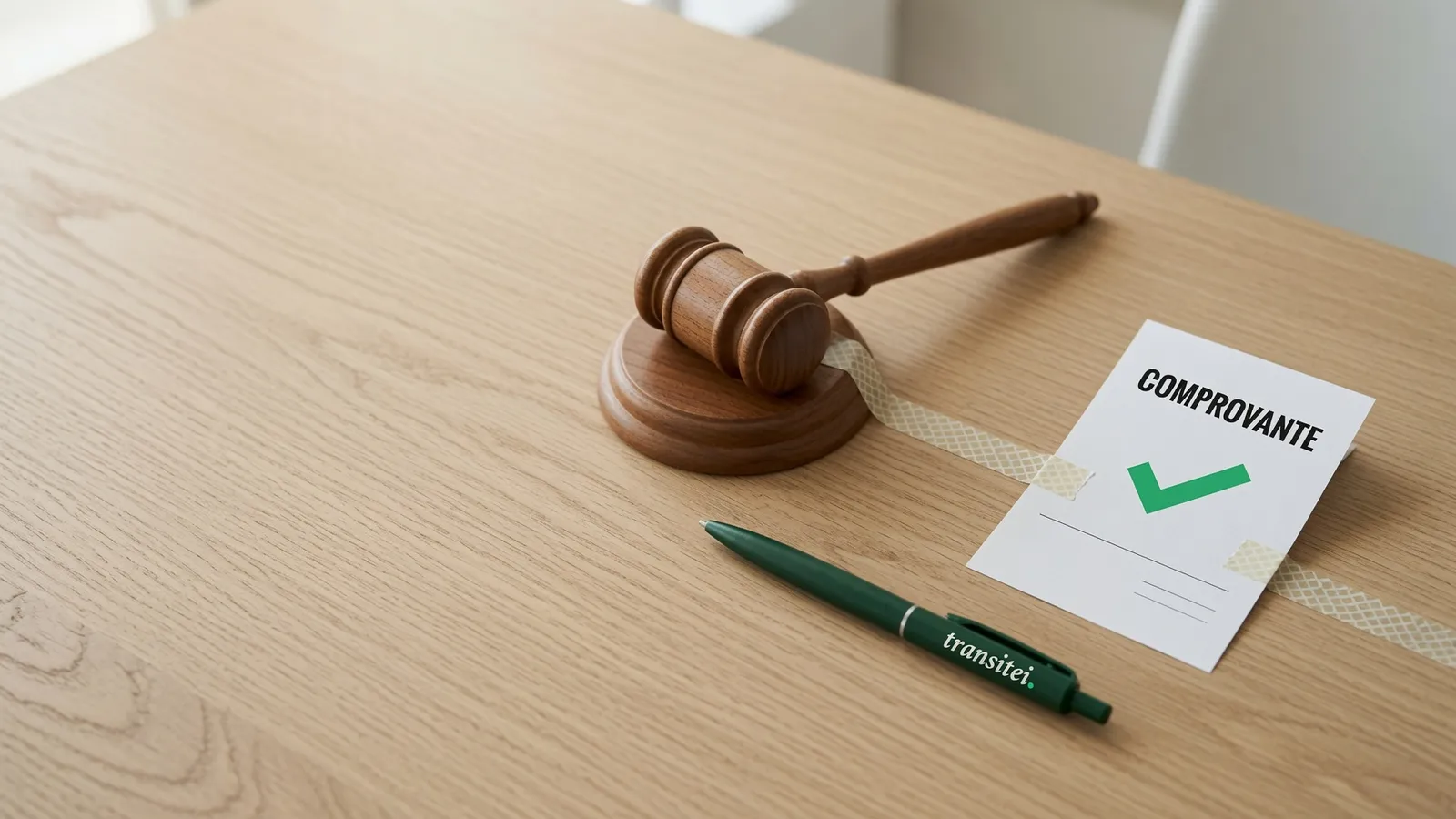 Martelo de juiz sobre uma mesa de madeira ao lado de um comprovante com um selo verde de aprovado e uma caneta da Transitei, representando o caminho do processo trabalhista do trânsito em julgado ao recibo no eSocial.