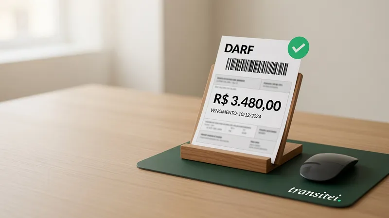 Guia DARF em um suporte de mesa de madeira, com código de barras, o valor de R$ 3.480,00 e um selo verde de aprovado, ao lado de um mouse sobre um mousepad da Transitei, ilustrando a emissão da DARF do processo em um clique.