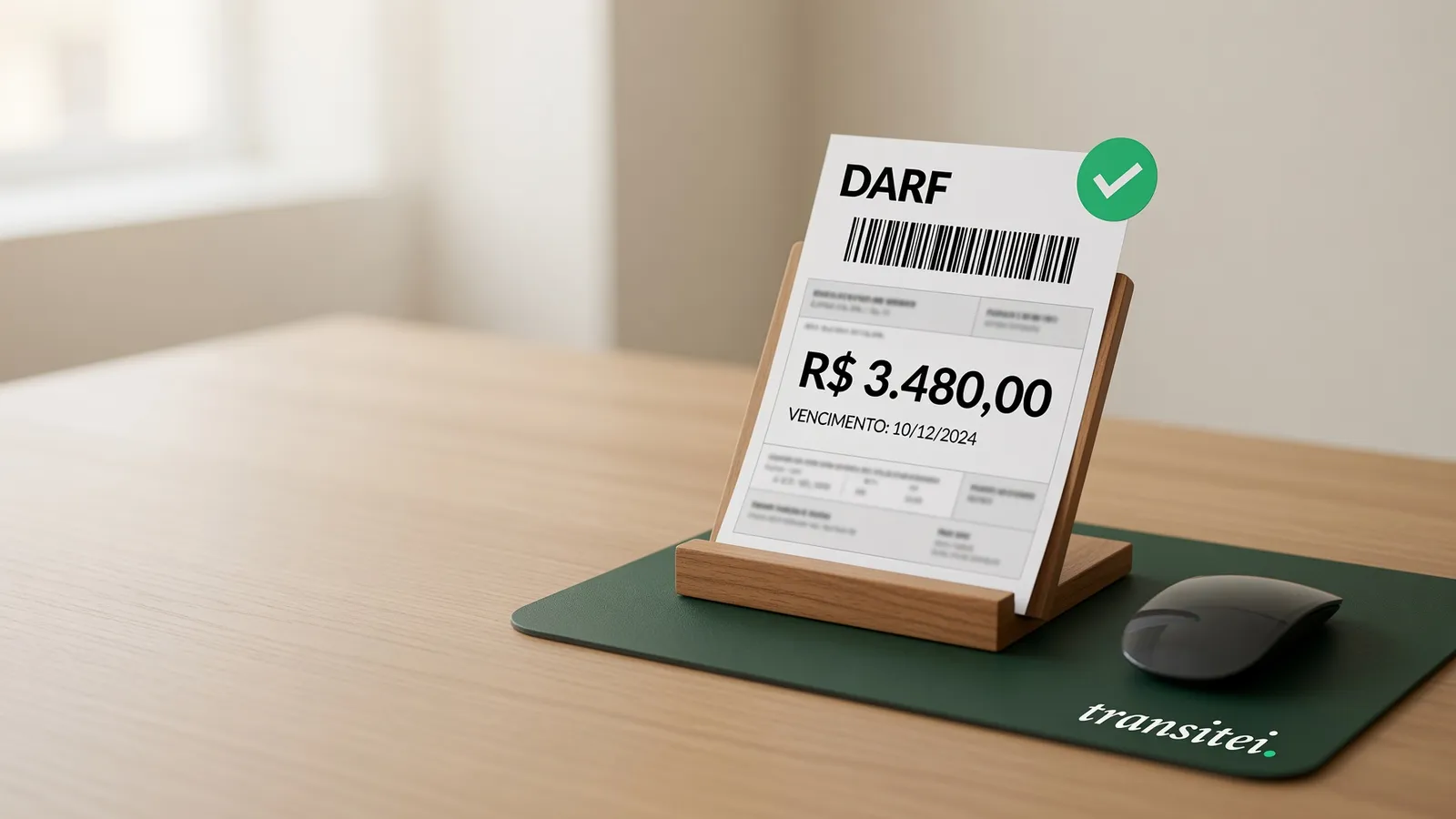 Guia DARF em um suporte de mesa de madeira, com código de barras, o valor de R$ 3.480,00 e um selo verde de aprovado, ao lado de um mouse sobre um mousepad da Transitei, ilustrando a emissão da DARF do processo em um clique.