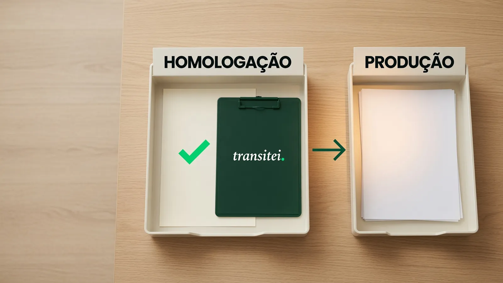 Duas bandejas de documentos etiquetadas Homologação e Produção com uma seta entre elas e uma prancheta verde da Transitei com um sinal de aprovado, ilustrando testar o evento antes de transmitir.