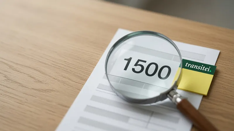 Lupa ampliando o número 1500 em um documento sobre a mesa, ao lado de um bloco de notas amarelo com a marca Transitei, representando a análise do IRRF com RRA no processo trabalhista.