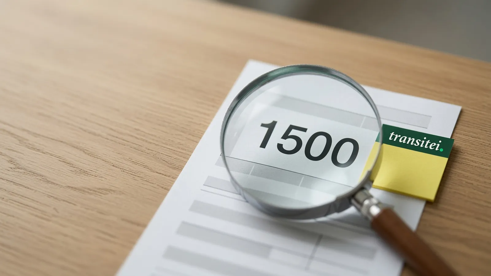 Lupa ampliando o número 1500 em um documento sobre a mesa, ao lado de um bloco de notas amarelo com a marca Transitei, representando a análise do IRRF com RRA no processo trabalhista.