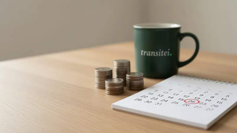 Pilhas de moedas e uma caneca verde da Transitei ao lado de um calendário de mesa com o dia 26 circulado em vermelho, representando as multas e o custo de atrasar o S-2500 e o S-2501.