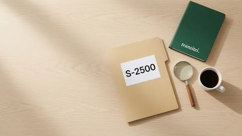 Vista de cima de uma pasta de cartão etiquetada S-2500 ao lado de um caderno verde da Transitei, uma lupa e uma xícara de café, ilustrando o que é o evento S-2500 do processo trabalhista.