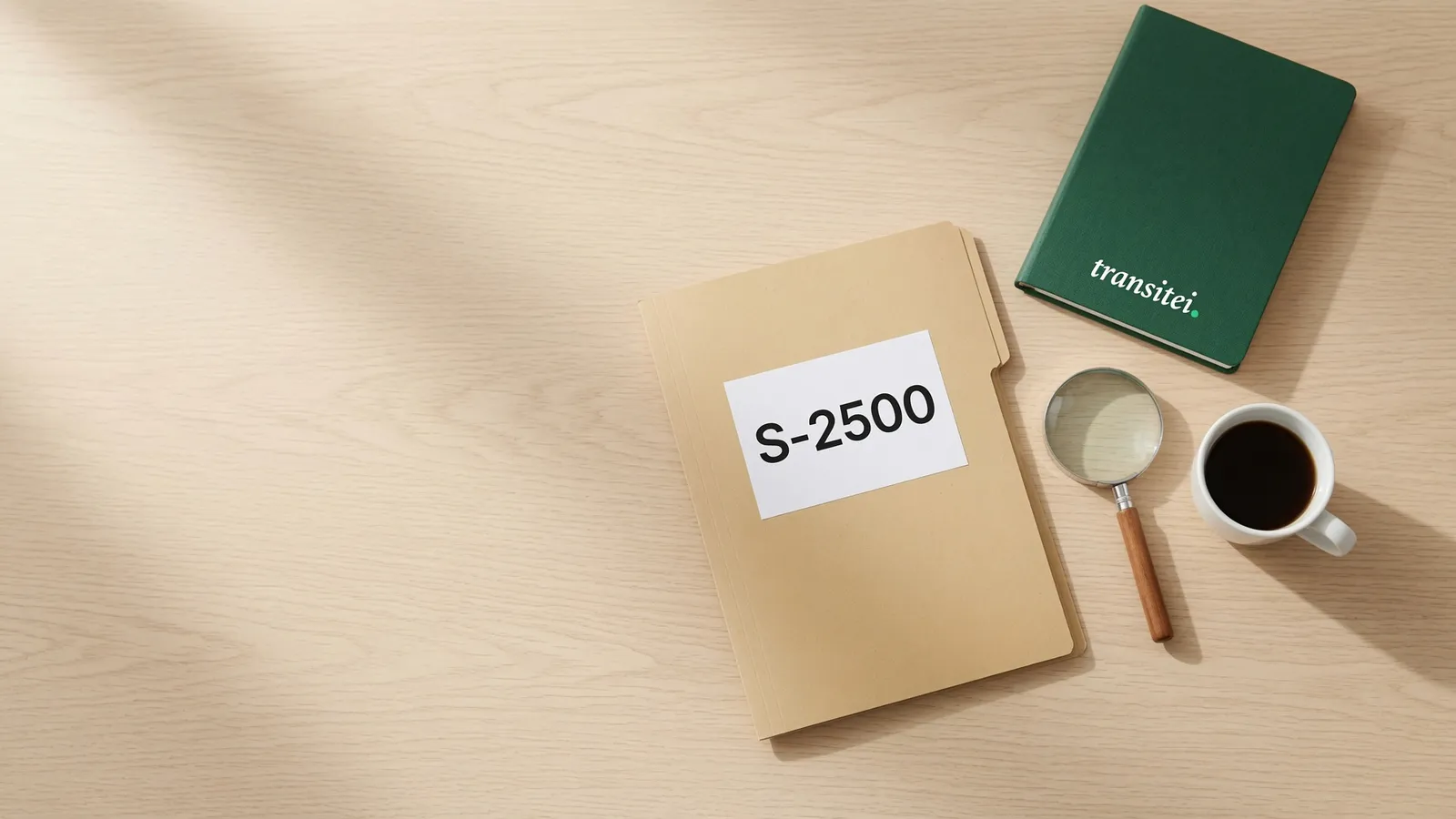 Vista de cima de uma pasta de cartão etiquetada S-2500 ao lado de um caderno verde da Transitei, uma lupa e uma xícara de café, ilustrando o que é o evento S-2500 do processo trabalhista.