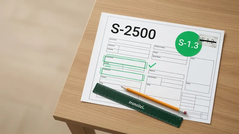 Folha de leiaute do evento S-2500 com um selo verde escrito S-1.3 e a versão S-1.2 riscada, campos destacados em marcador verde, ao lado de uma régua e um lápis da Transitei, ilustrando o que muda no leiaute S-1.3.