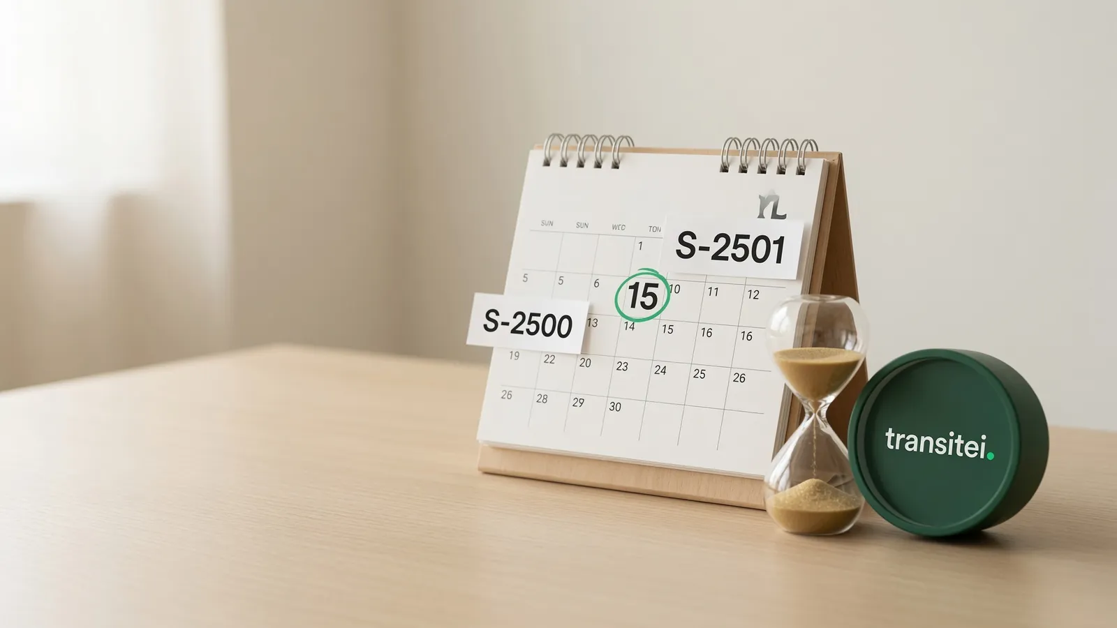 Calendário de mesa com o dia 15 circulado em verde e etiquetas de papel escritas S-2500 e S-2501, ao lado de uma ampulheta e um porta-copos verde da Transitei, ilustrando os prazos de envio de cada evento.