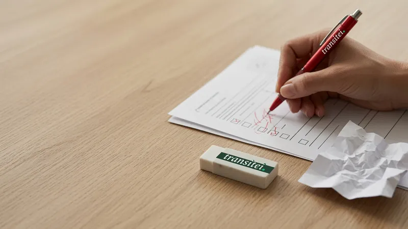 Mão preenchendo um formulário com uma caneta vermelha da Transitei, ao lado de uma borracha da marca e uma folha de papel amassada, representando retificar e excluir um evento do processo no eSocial.