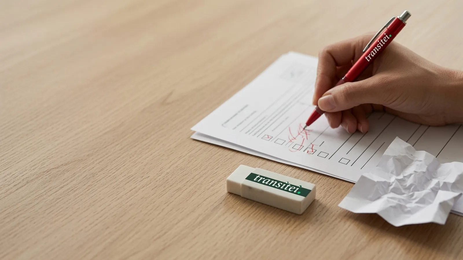 Mão preenchendo um formulário com uma caneta vermelha da Transitei, ao lado de uma borracha da marca e uma folha de papel amassada, representando retificar e excluir um evento do processo no eSocial.