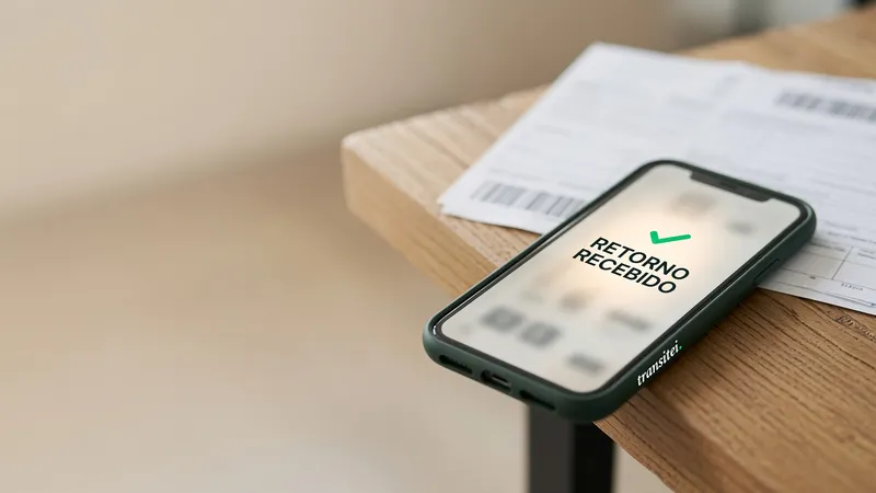 Celular com capa verde da Transitei exibindo a mensagem Retorno recebido com um sinal verde de confirmação, sobre um documento com código de barras, representando os retornos S-5501 e S-5503 do eSocial.