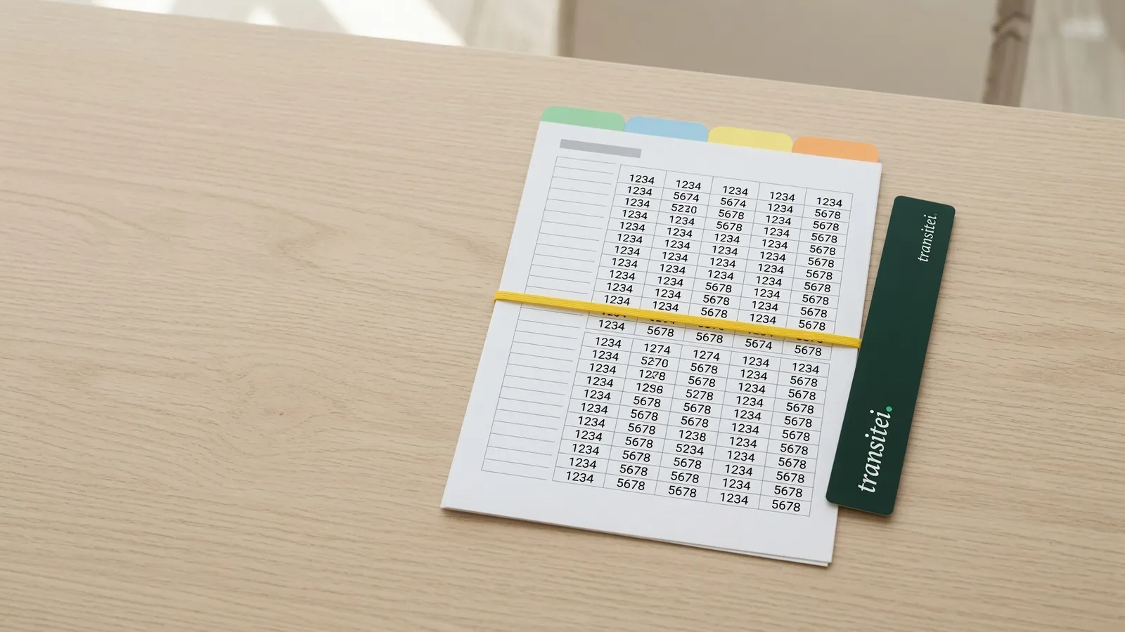Folha impressa com abas coloridas e colunas de códigos numéricos, presa por um elástico amarelo, ao lado de um marcador de página verde da Transitei, ilustrando a Tabela 29 de códigos de receita do S-2501.